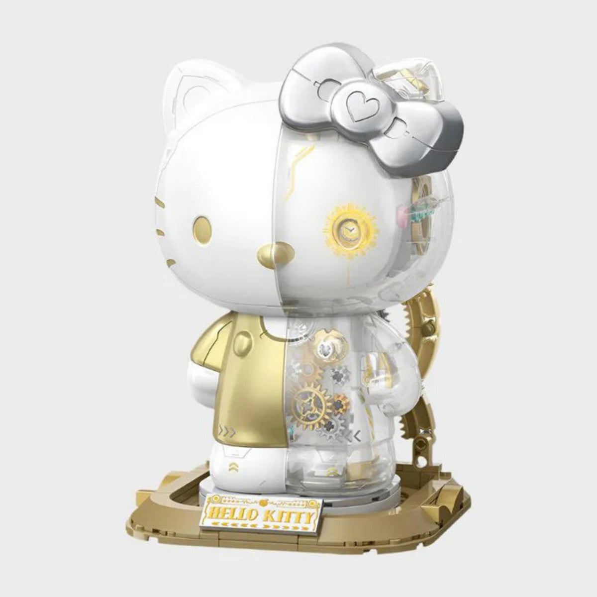 TOPTOY Hello Kitty White Golden Big Figure Building Blocks featuring a half-transparent design with visible gold gears and mechanical details.